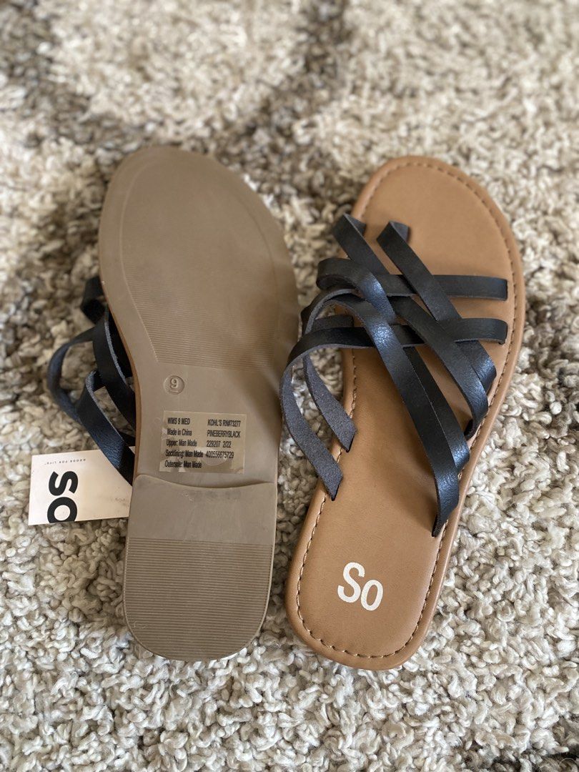 SO Black Strappy Flat Sandals Size 9 (Category: Flats & Sandals) located in Batangas. Submitted by lux_kimmy (Listing ID 1468988800, Image 3). Description: - Brand: SO | US Brand - Style: Flat strappy sandals - Colorway: Black and tan - Size: Women's 9 Medium Width - Condition: Brand new with original store tag attached, unworn, clean soles - Design: Multiple thin crossover straps for a stylish and comfortable fit.