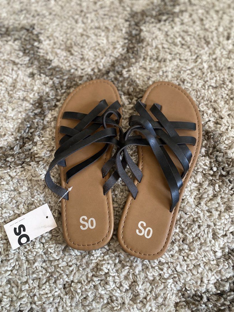 SO Black Strappy Flat Sandals Size 9 (Category: Flats & Sandals) located in Batangas. Submitted by lux_kimmy (Listing ID 1468988800, Image 1). Description: - Brand: SO | US Brand - Style: Flat strappy sandals - Colorway: Black and tan - Size: Women's 9 Medium Width - Condition: Brand new with original store tag attached, unworn, clean soles - Design: Multiple thin crossover straps for a stylish and comfortable fit.