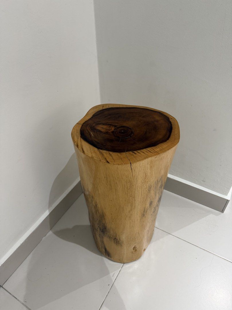 Solid Wood Log Stool / Side Table (Category: Chairs) located in Shah Alam. Submitted by by.ealmea (Listing ID 1469060153, Image 1). Description: - Authentic natural tree trunk stump - Use as a sturdy stool, side table, or plant stand - Beautiful wood grain with rich dark center and lighter outer ring - Smooth polished finish - Heavy, stable, and durable build.