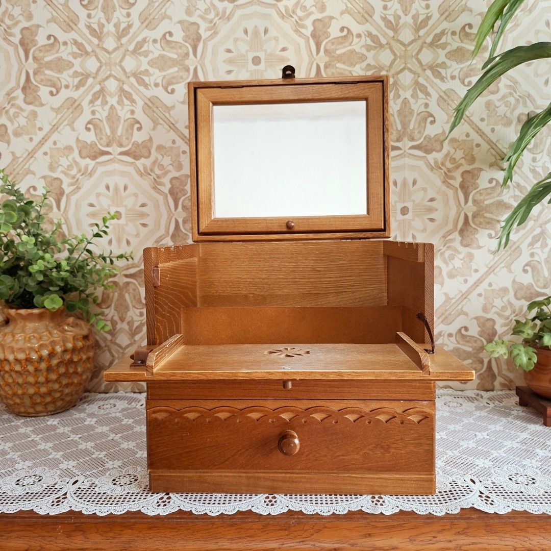 Solid wood vanity makeup cosmetic box (Category: Vintage Collectibles) located in Dasmarinas. Submitted by millennialmeetsvintage (Listing ID 1468950246, Image 2). Description: solid wood with 3 level reclinable mirror last price posted, no haggling 🙅🏻‍♀️ 🌍ships from DASMA, CAVITE 🚚 shipping via Lalamove only ❌no reservations, first-to-pay basis ❌no physical store, no walk-ins ❌no COD transactions.