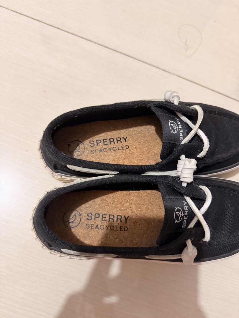 Sperry Seacycled Black Boat Shoes (Category: Shoe inserts) located in Quezon City. Submitted by kym.a (Listing ID 1468983514, Image 3). Description: - Brand: Sperry Seacycled - Color: Black with white lacing - Design: Slip-on boat shoes with textured platform rubber sole - Comfort: Cushioned cork insoles - Condition: Clean canvas upper, minimal wear on bottom treads - Style: Great casual everyday footwear.