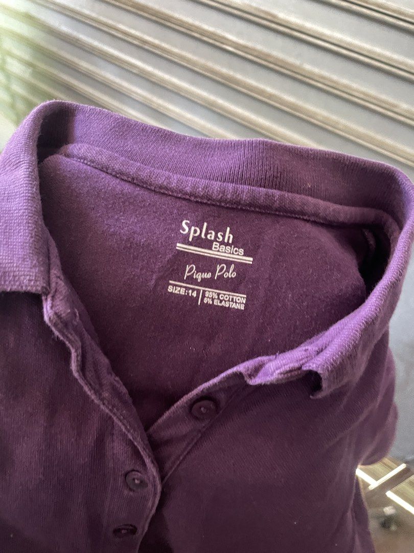 Splash Basics Pique Polo Purple Size 14 (Category: Shirts) located in Davao. Submitted by riab_qt (Listing ID 1468947613, Image 2). Description: - Brand: Splash Basics - Color: Solid purple - Material: Soft cotton blend with stretch - Design: Classic collar, 5-button placket, short sleeves - Condition: Great casual basic.