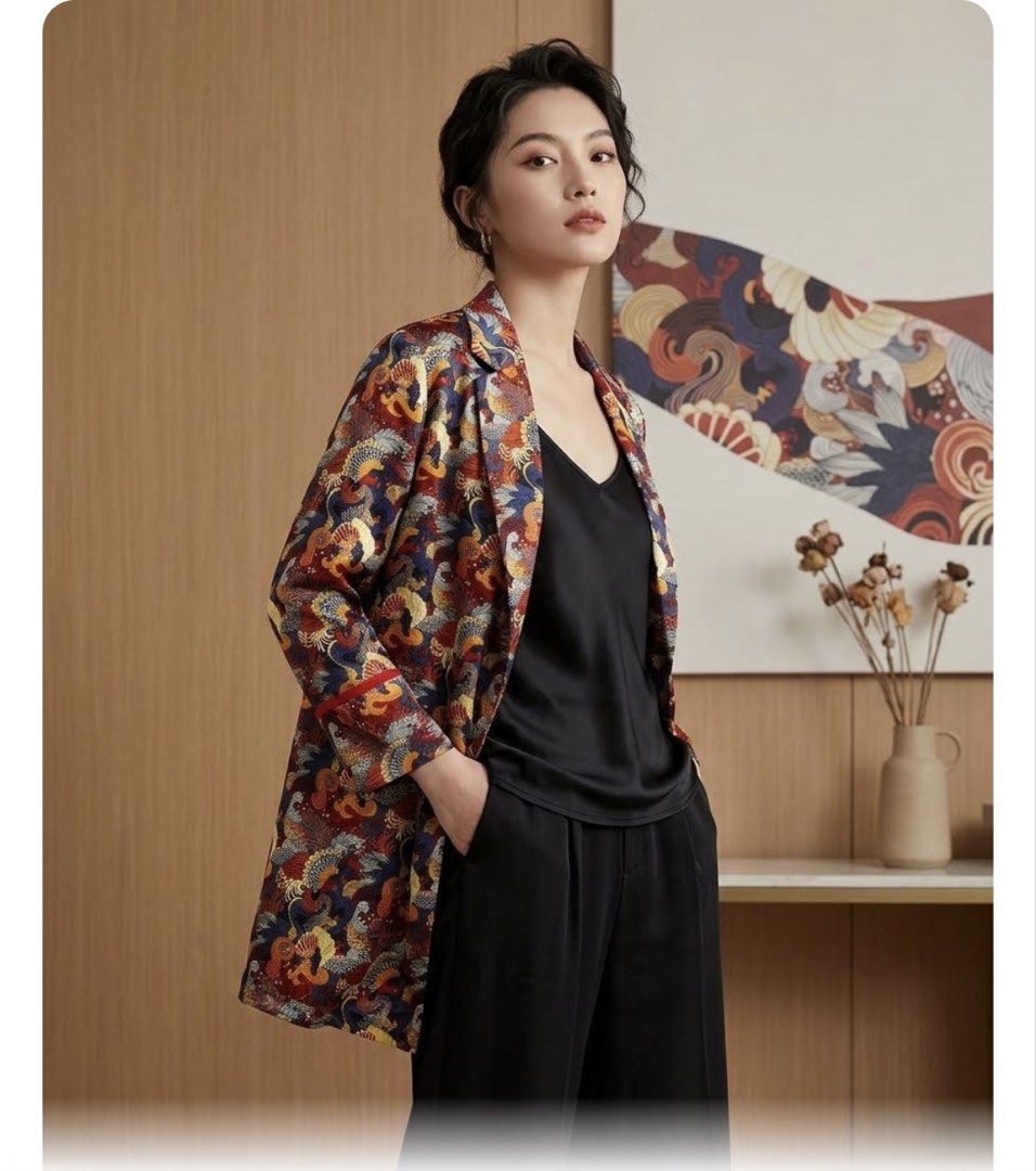 Spring+ Colorful Patterned Blazer Jacket (Category: Coats, Jackets and Outerwear) located in Caloocan City. Submitted by clscloset.621 (Listing ID 1468811634, Image 3). Description: - Brand: Spring+ - Condition: Brand new with attached tags and spare button pouch - Design: Eye-catching multi-color pattern in red, blue, and gold tones - Details: Chic red piping along the lapel and pocket edges - Fit & Style: Open-front style with trendy half-lengt