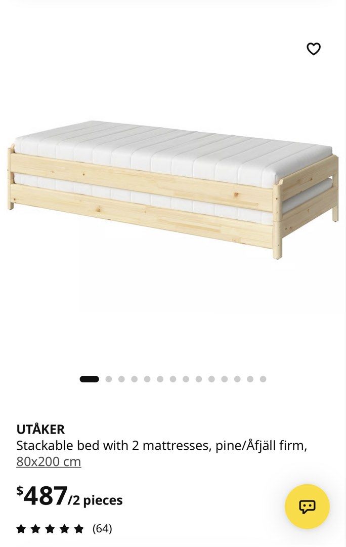 Stackable bed (Category: Bed Frames & Mattresses) located in Singapore. Submitted by chongjz (Listing ID 1468951185, Image 1). Description: - Item: IKEA UTÅKER stackable bed set (includes 2 solid pine frames) - Size: 80x200 cm each - Versatile use: Stack to save space, use separately as two single beds, or push together to form a double bed.