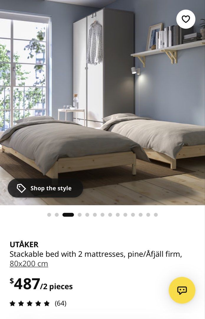 Stackable bed (Category: Bed Frames & Mattresses) located in Singapore. Submitted by chongjz (Listing ID 1468951185, Image 3). Description: - Item: IKEA UTÅKER stackable bed set (includes 2 solid pine frames) - Size: 80x200 cm each - Versatile use: Stack to save space, use separately as two single beds, or push together to form a double bed.