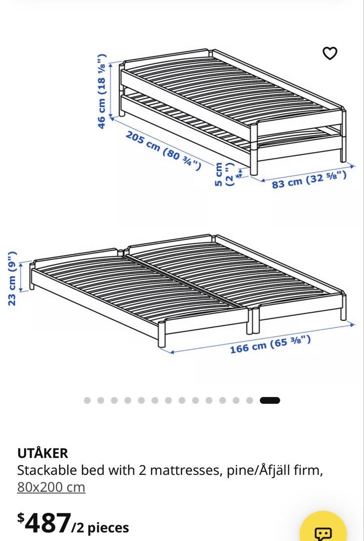 Stackable bed (Category: Bed Frames & Mattresses) located in Singapore. Submitted by chongjz (Listing ID 1468951185, Image 2). Description: - Item: IKEA UTÅKER stackable bed set (includes 2 solid pine frames) - Size: 80x200 cm each - Versatile use: Stack to save space, use separately as two single beds, or push together to form a double bed.