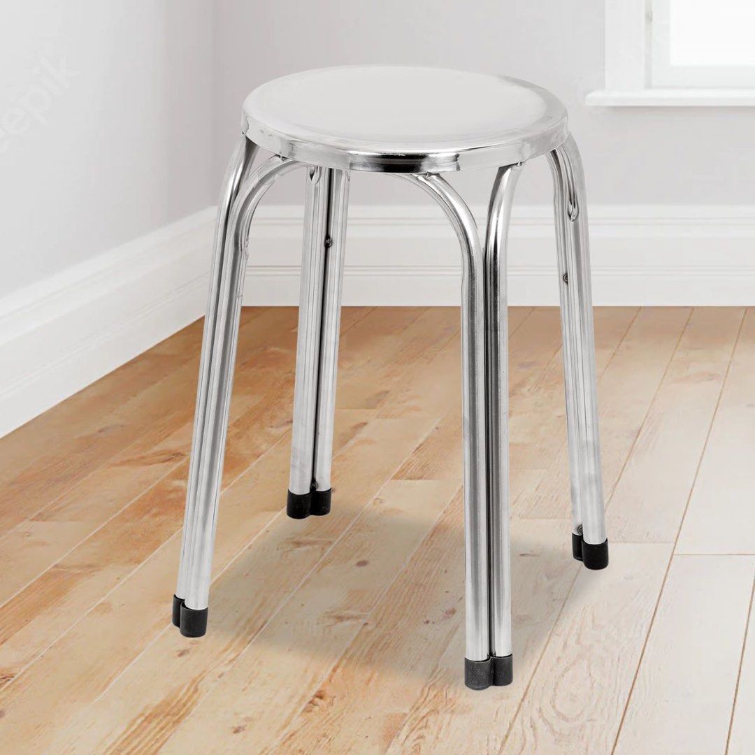 Stainless Steel Round Stool (Category: Chairs) located in Quezon City. Submitted by aaclosetcleanout (Listing ID 1468987026, Image 1). Description: - Brand: FREELIFE - Type: Stainless steel round stool (Big size) - Dimensions: 29cm x 47cm - Material: Lightweight metal with a sleek silver finish - Design: Stackable for easy storage with 4 sturdy legs - Safety: Fitted with protective black rubber tips to prevent scratches - Best for: Kitchens, work