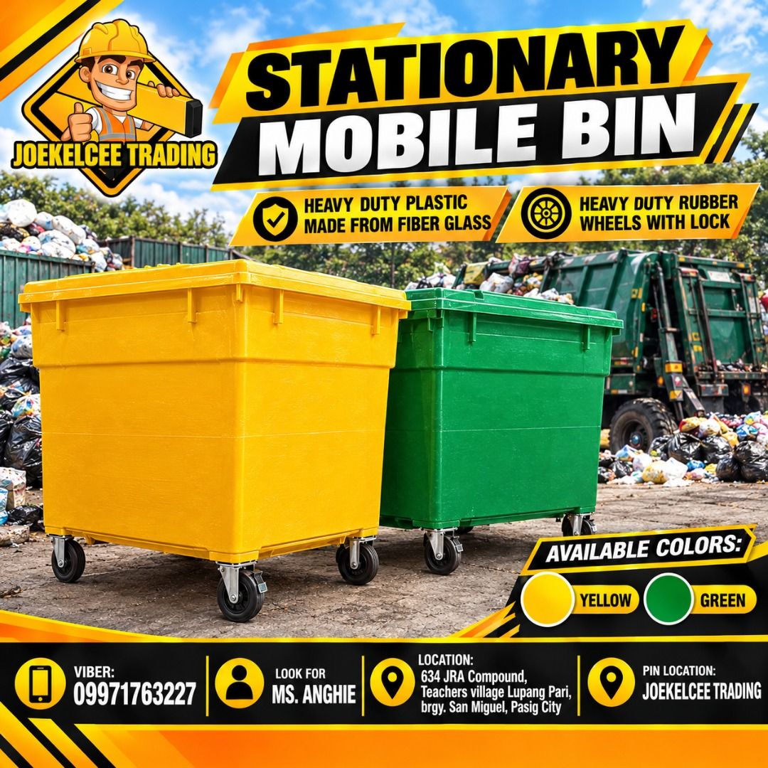 STATIONARY MOBILE TRASH BIN (Category: Waste Bins & Bags) located in Caloocan City. Submitted by calmhawk_a2cd7a (Listing ID 1468978479, Image 1). Description: STATIONARY MOBILE BIN HEAVY DUTY PLASTIC MADE FROM FIBER GLASS HEAVY DUTY RUBBER WHEELS WITH LOCK 1350 LITERS We also have Barrier / traffic cone / ppe's / cover all Trash bin / cooler box / kayak / freezer jacket Safety shoes / rainboots/ raincoat JUST CALL US / Pm me for more info. -0997