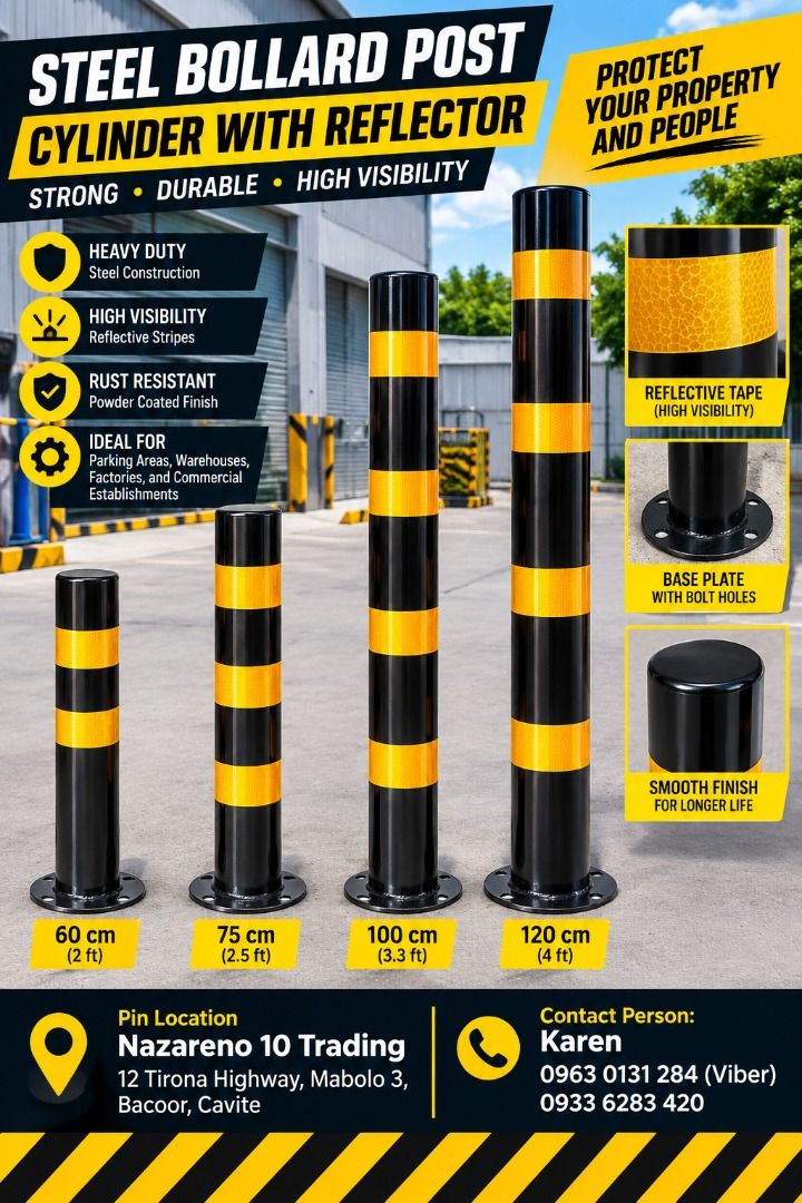 STEEL BOLLARD POST WITH REFLECTOR (Category: Looking For) located in Bacoor. Submitted by kajezame.2021 (Listing ID 1468989319, Image 1). Description: STEEL BOLLARD POST WITH REFLECTOR For More Details and Discount Contact Ms. Karen NAZARENO 10 TRADING 0963 0131 284 0933 6283 420 0956 7028 557 0933 8559 510 Landline: Look for Ms. Karen (046 ) 416 3920 Also available: • Traffic cone • Parking Block stopper • Hooded trash bin • Road Plastic Barrier