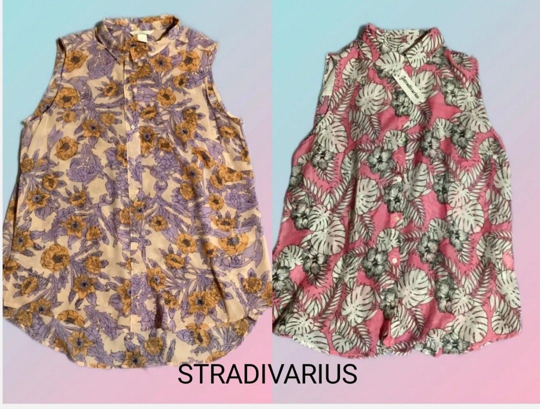 Stradivarius Floral Sleeveless Button-Up Shirts (Category: Sleeveless) located in Paranaque City. Submitted by calm_youngstore7 (Listing ID 1469038018, Image 1). Description: - Brand: Stradivarius - sleeveless button-up shirts - Design 1: Pink base with tropical leaf prints and flowers (comes with original tag) - Design 2: Cream background with purple and yellow floral patterns - Features: Collared neckline, curved hem - Fabric: Lightweight, idea
