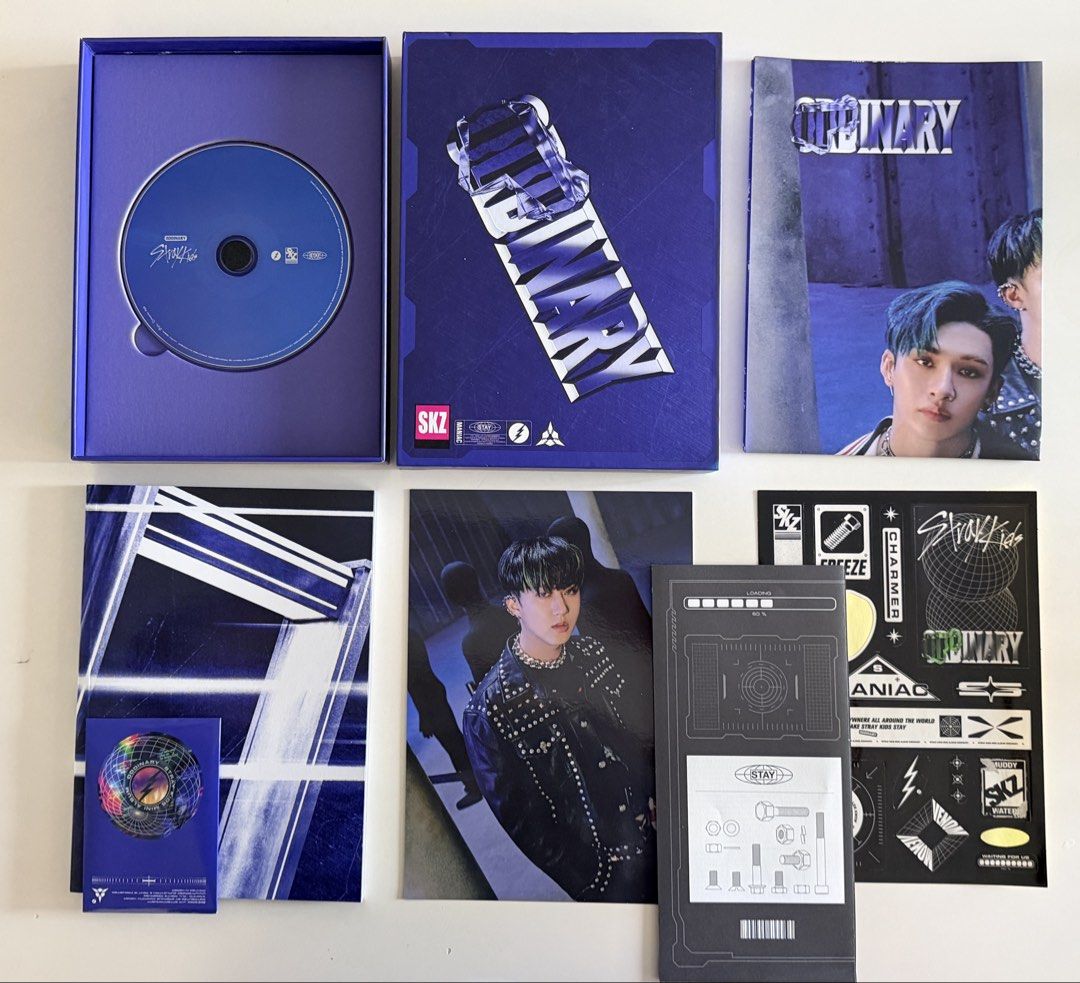 Stray Kids ODDINARY Album Set (Category: CDs & DVDs) located in Pasig City. Submitted by ymirgm (Listing ID 1468946867, Image 1). Description: - Album: Stray Kids ODDINARY (Frankenstein Version) - Inclusions: Purple outer box, CD, photobook, lyric book, and sticker pack - Photocard: Changbin - Condition: Clean, stored safely, and well-maintained - Note: All items shown in the photos are included.