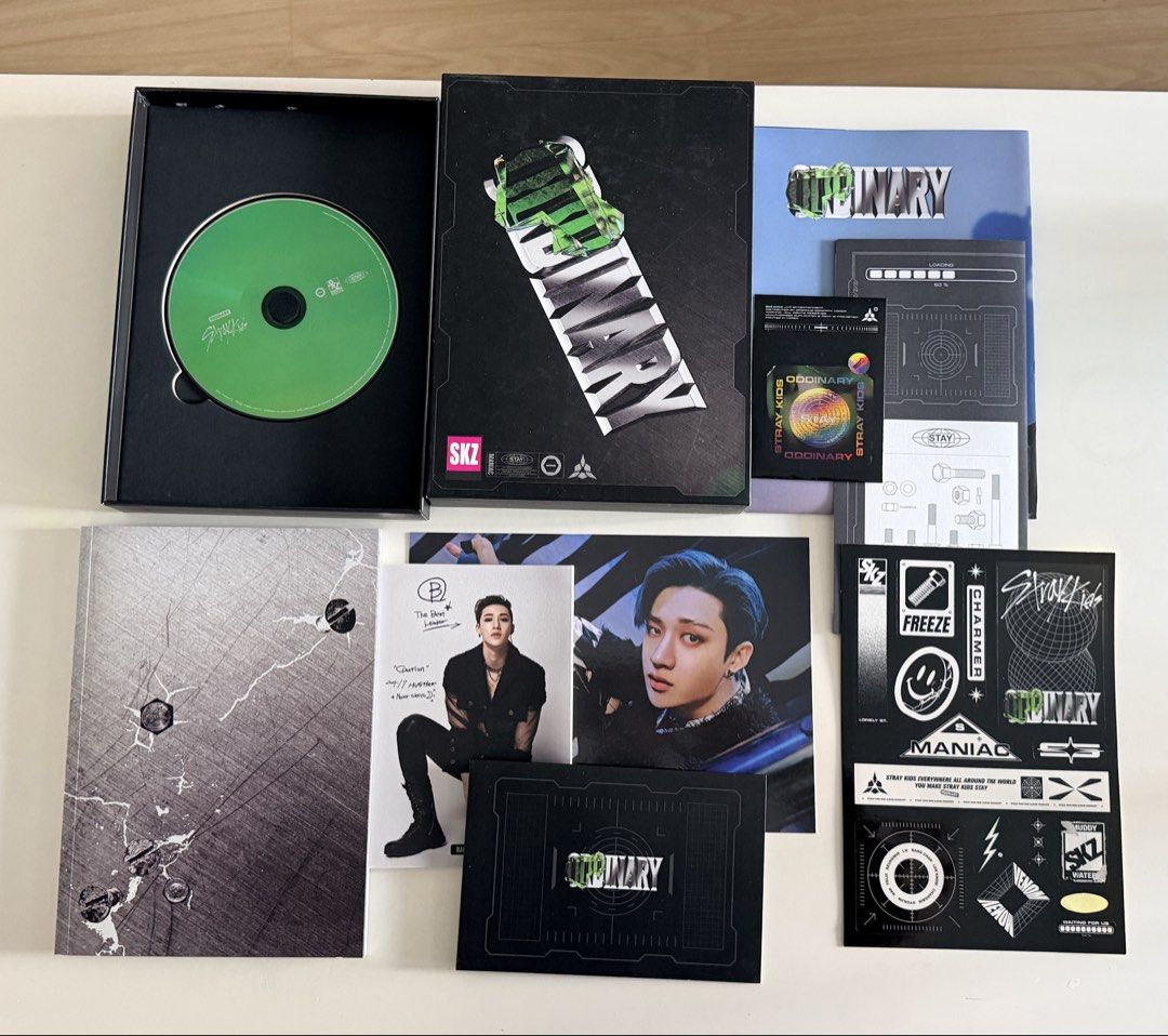 Stray Kids ODDINARY Album Standard Version (Category: CDs & DVDs) located in Pasig City. Submitted by ymirgm (Listing ID 1468943925, Image 1). Description: - Stray Kids ODDINARY Standard Version Album (Green) - Includes outer box, CD, photobook, and lyric book - Comes with stickers and folded poster - Complete with Bangchan inclusions - All paper goods and items carefully handled and in great shape.