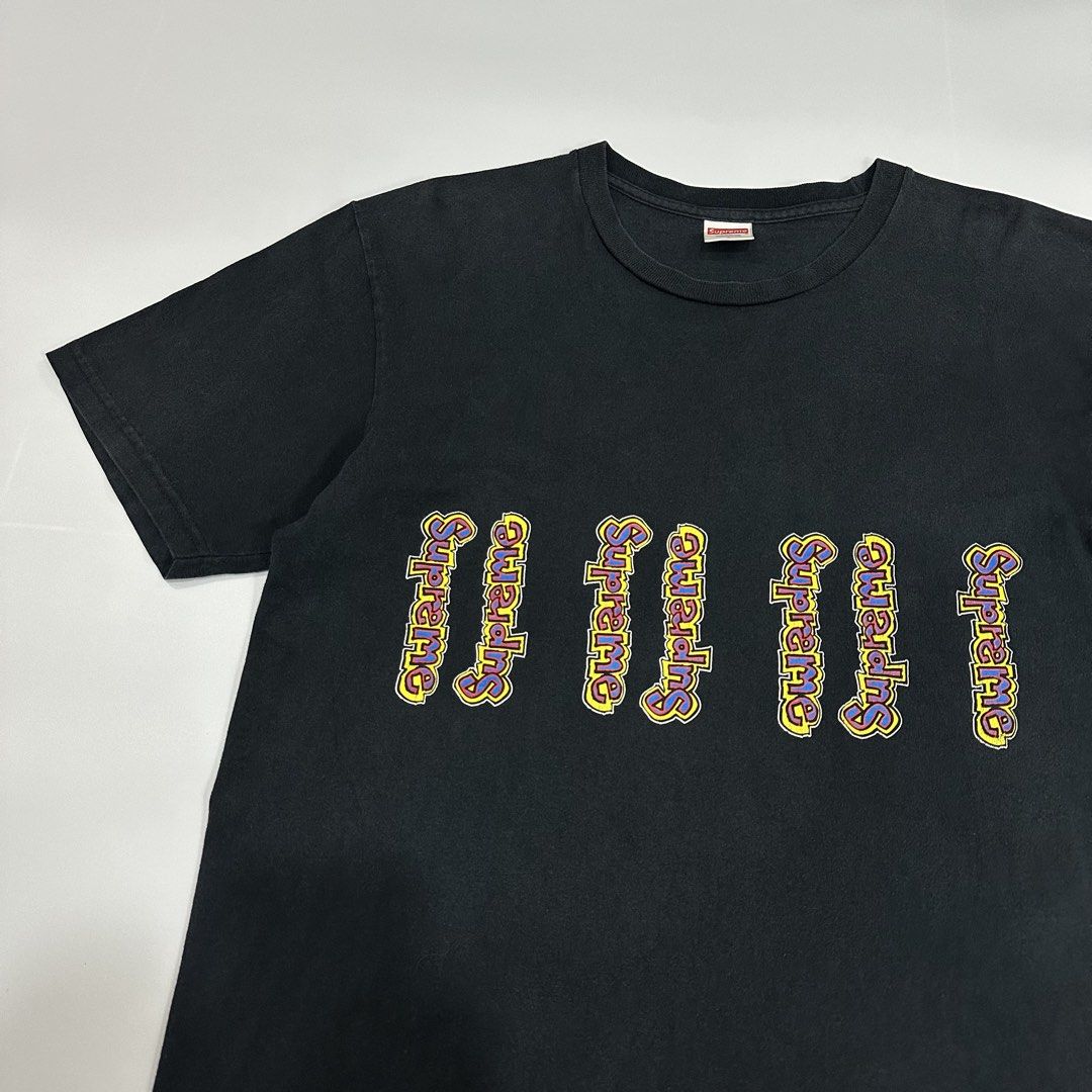Supreme Gonz Logo (SS18) black tee (Category: Activewear) located in Dagupan City. Submitted by unknownlootph (Listing ID 1468941629, Image 2). Description: Size: Large Width: 23 Length: 30 Condition: 8.9/10 Issue: hairline crackprints (Legit/Authentic Item).