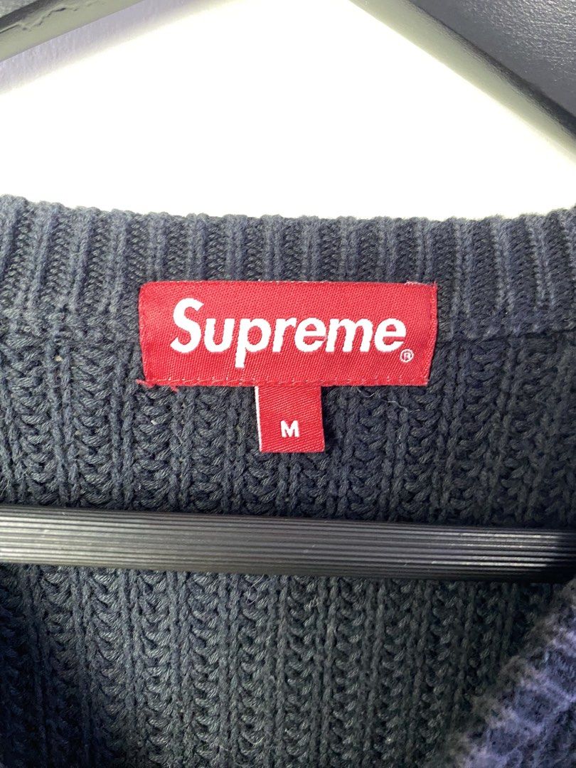 Supreme Heavy Gauge Knit Sweater Navy Medium (Category: Coats, Jackets and Outerwear) located in Manila. Submitted by declutterpromax (Listing ID 1468997480, Image 2). Description: - Brand: Supreme - Style: Crewneck sweater - Color: Dark navy - Material: Thick cotton knit with chunky ribbed texture - Size: Medium (fits true) - Details: Classic red box logo tag at the collar, inner care tags intact - Condition: Solid piece, perfect for colder weat