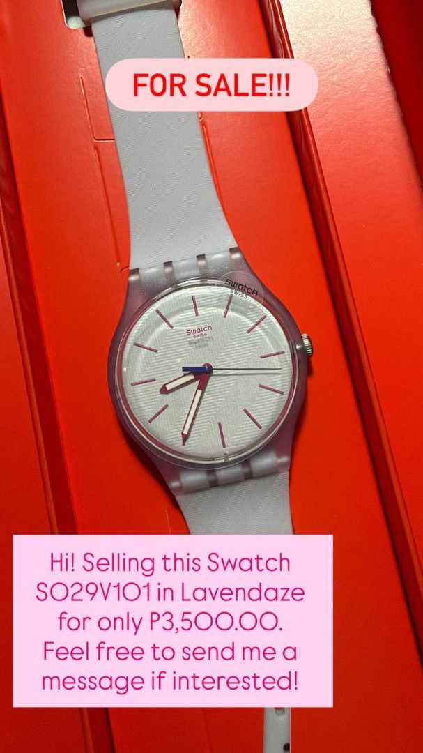 Swatch Lavendaze SO29V101 (Category: Women's Watches) located in Quezon City. Submitted by shopwithrie (Listing ID 1469032810, Image 1). Description: - Model: Swatch Lavendaze (SO29V101) - Condition: Clean piece, meticulously kept inside the box - Strap: Light lavender silicone strap with a textured chevron pattern - Case & Dial: Translucent case, patterned white dial with pink hour and minute markers, plus a contrasting blue second hand - Inclus