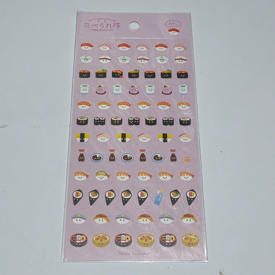 Taberaretai Cute Japanese Sushi Sticker Sheet (Category: Stationery & School Supplies) located in Manila. Submitted by abbey.lee (Listing ID 1469008721, Image 1). Description: - Authentic Japanese Taberaretai sticker sheet - Features adorable sushi characters, bowls, and soy sauce bottles - Brand new and sealed in original packaging - Packed with tiny kawaii designs across multiple rows - Perfect for journals, planners, and phone cases.