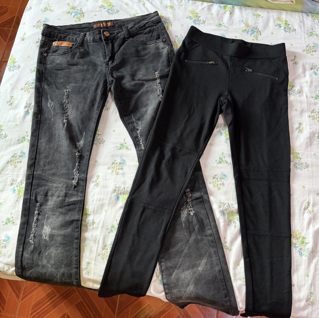 [TAKE 2] Black Jeans/Pants (Category: Jeans) located in Pasig City. Submitted by beabimbop (Listing ID 1468995480, Image 1). Description: • 25-26” waist • the one with distressed details is low waisted 😋 • no issues. take both! • rfs: decluttering.