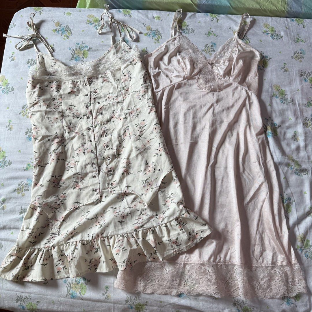 [TAKE 2] Coquette Dresses (Category: Dresses) located in Pasig City. Submitted by beabimbop (Listing ID 1468991414, Image 1). Description: • s-m •both thrifted in japan • no issues 🏷️ tags: lace dress, silk dress, coquette, sun dress, lingerie, sleepwear, nightwear, y2k, ruffles, lolita.