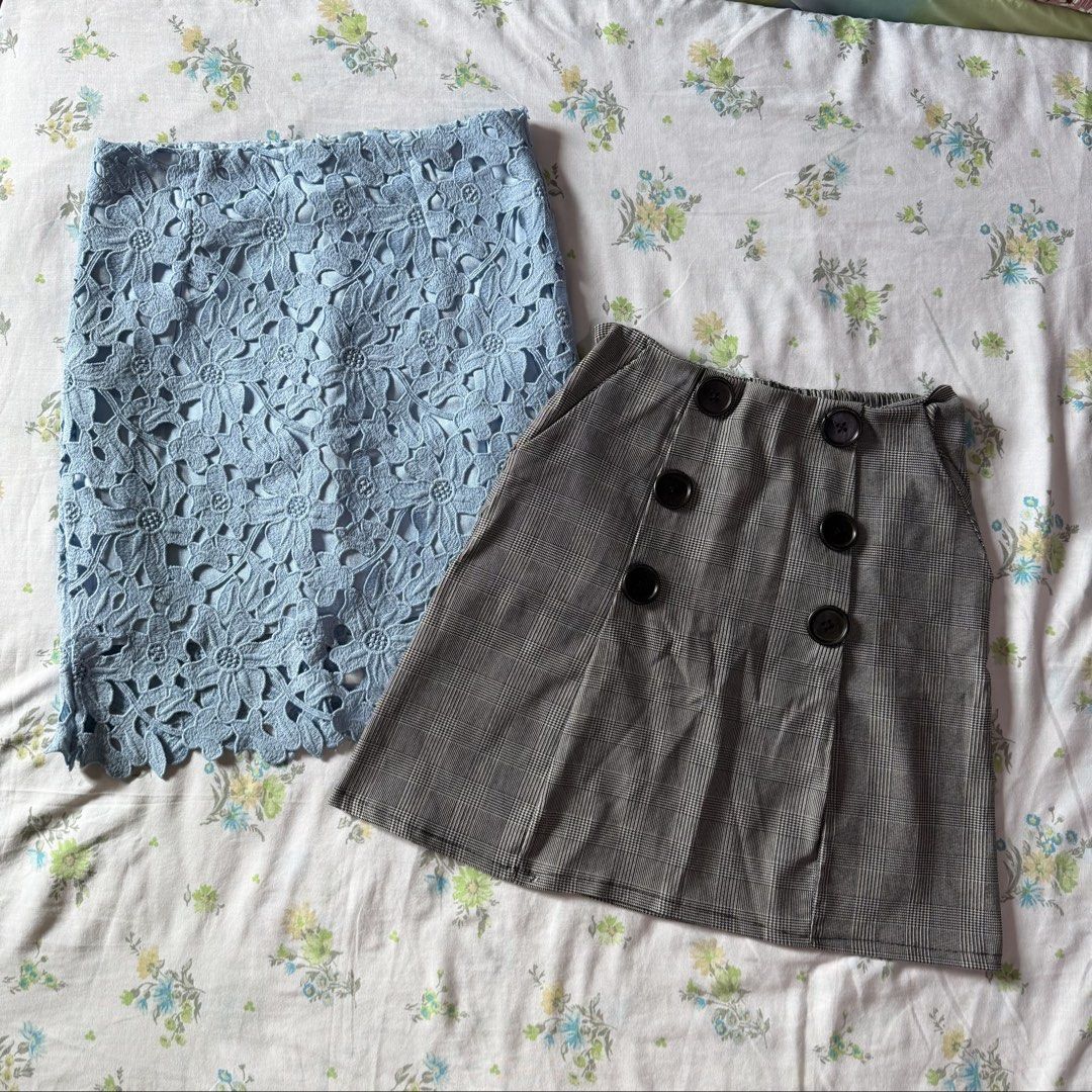 [TAKE 2] Office Skirts (Category: Skirts) located in Pasig City. Submitted by beabimbop (Listing ID 1468994264, Image 1). Description: • xs-s • take both! no issues • rfs: decluttering/not my style 🏷️ tags: korea skirts, work skirt, preppy, cottagecore, fairycore, pencil skirt, mini skirt, midi skirt, checkered, lace, light blue, gray, button skirt, garterized.