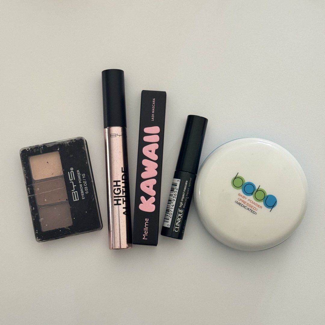 take all: 5 makeup bundle (Category: Makeup) located in Antipolo. Submitted by bananadeclutter (Listing ID 1469160980, Image 1). Description: new: - Mellme Kawaii Lash Mascara lighty used: - Shiseido Baby Powder Pressed Medicated Powder [will not include the puff for hygienic purposes] well used: - BYS Eyebrow Powder Palette [broken cover, taped to keep together] - BYS High Altitude Mascara - Clinique High Impact Mascara .
