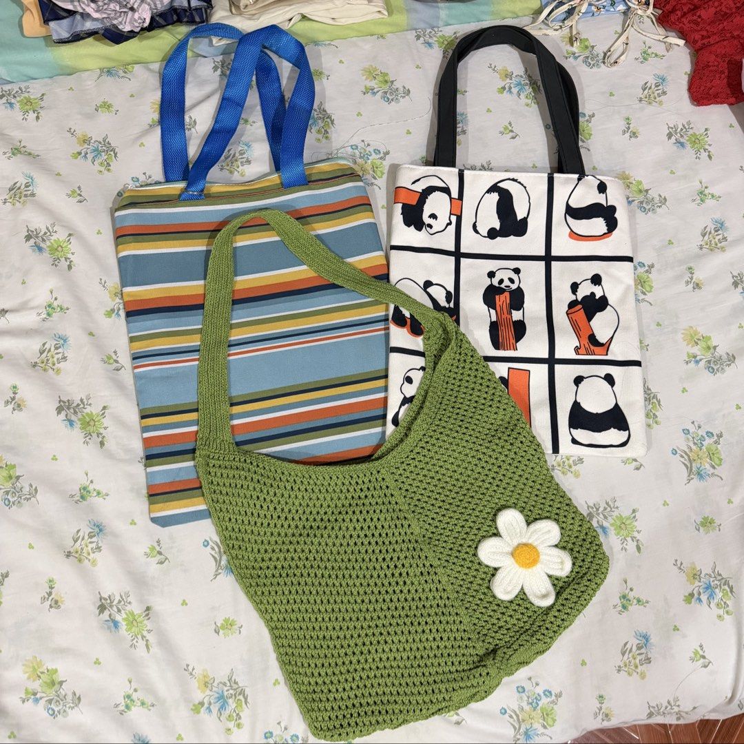 [TAKE ALL] Tote Bags (Category: Tote Bags) located in Pasig City. Submitted by beabimbop (Listing ID 1469097503, Image 2). Description: • no issues. for take all! • price is negotiable • rfs: decluttering 🏷️ tags: crochet bag, shoulder bag, cottagecore, fairycore, canvas tote, panda bag, striped bag, stripes, beach bag, casual bag, everyday bag, grocery bag .
