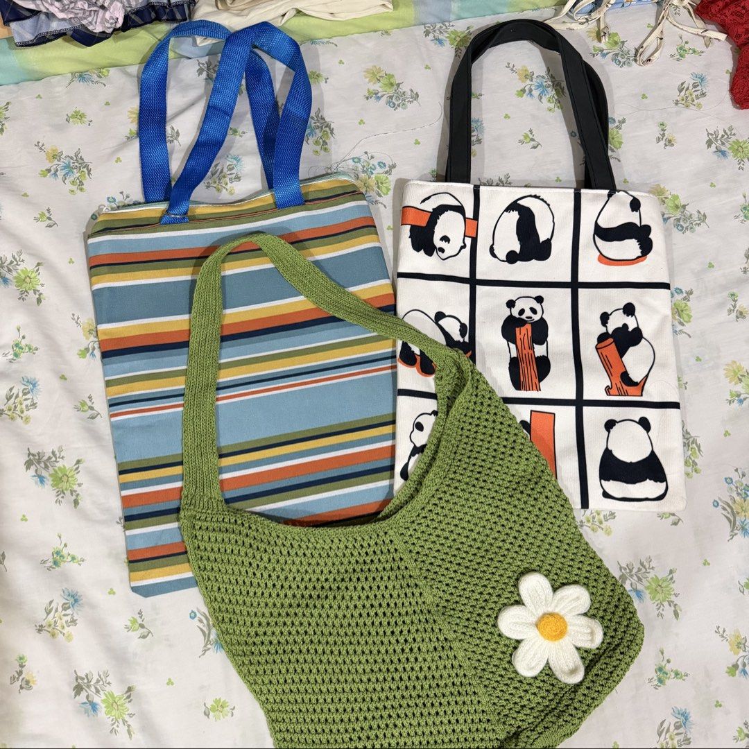 [TAKE ALL] Tote Bags (Category: Tote Bags) located in Pasig City. Submitted by beabimbop (Listing ID 1469097503, Image 1). Description: • no issues. for take all! • price is negotiable • rfs: decluttering 🏷️ tags: crochet bag, shoulder bag, cottagecore, fairycore, canvas tote, panda bag, striped bag, stripes, beach bag, casual bag, everyday bag, grocery bag .
