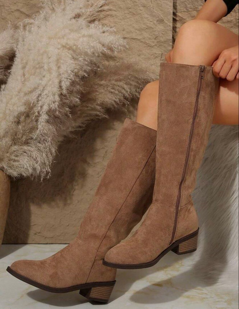 Tan suede knee-high boots with block heel (Category: Boots) located in Manila. Submitted by arianneliz18 (Listing ID 1468956660, Image 3). Description: - Color & Material: Tan suede finish - Style: Knee-high boots with a pointed toe silhouette - Heel: Low stacked block heel for comfortable everyday walking - Closure: Side zipper for easy slip-on and slip-off - Perfect for: Cooler weather outfits and daily wear.