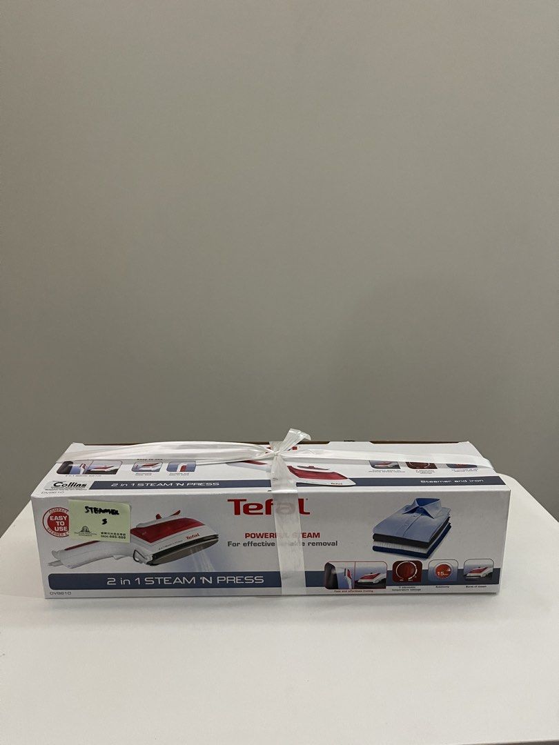Tefal 2 in 1 Steam 'N Press DV8610 (Category: Irons & Steamers) located in Quezon City. Submitted by bravehorse_f1f6d5 (Listing ID 1469112334, Image 1). Description: - Brand: Tefal 2-in-1 Steam 'N Press Handheld Steamer & Iron - Model: DV8610 - Condition: Brand new, still sealed in original retail packaging box - Colorway: Stylish white and red - Power: 220-240V, 915-1090W - Features: Compact design with 3 adjustable temperature settings for vers