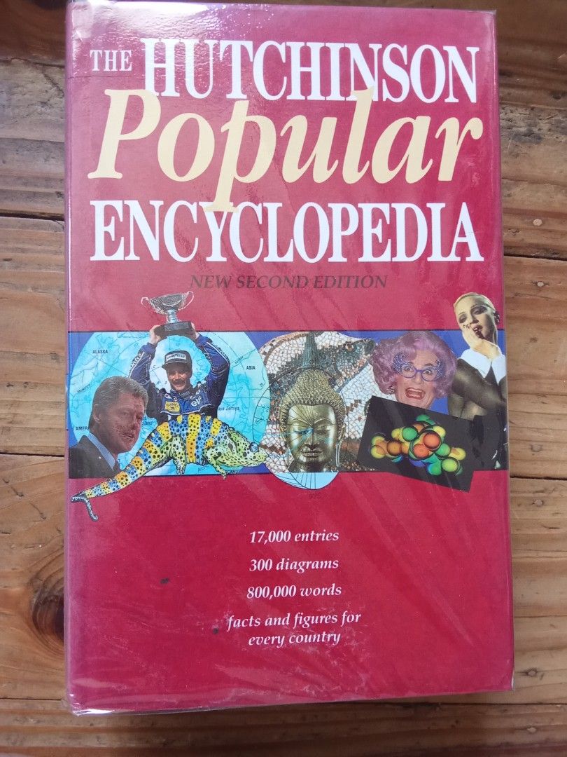 The Hutchinson Popular Encyclopedia New Second Edition (Category: Textbooks) located in Pasig City. Submitted by teebeedeee (Listing ID 1468961683, Image 1). Description: - Publisher: Helicon - Format: Hardcover with intact plastic protective cover - Content: 17,000 entries, 300 diagrams, and 800,000 words - Features: Detailed historical and scientific info, plus facts and figures for every country - Layout: Clear alphabetical pages preowned hard