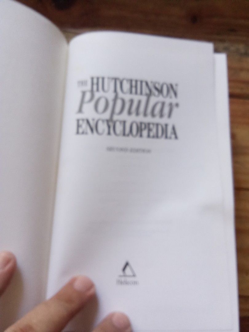 The Hutchinson Popular Encyclopedia New Second Edition (Category: Textbooks) located in Pasig City. Submitted by teebeedeee (Listing ID 1468961683, Image 3). Description: - Publisher: Helicon - Format: Hardcover with intact plastic protective cover - Content: 17,000 entries, 300 diagrams, and 800,000 words - Features: Detailed historical and scientific info, plus facts and figures for every country - Layout: Clear alphabetical pages preowned hard