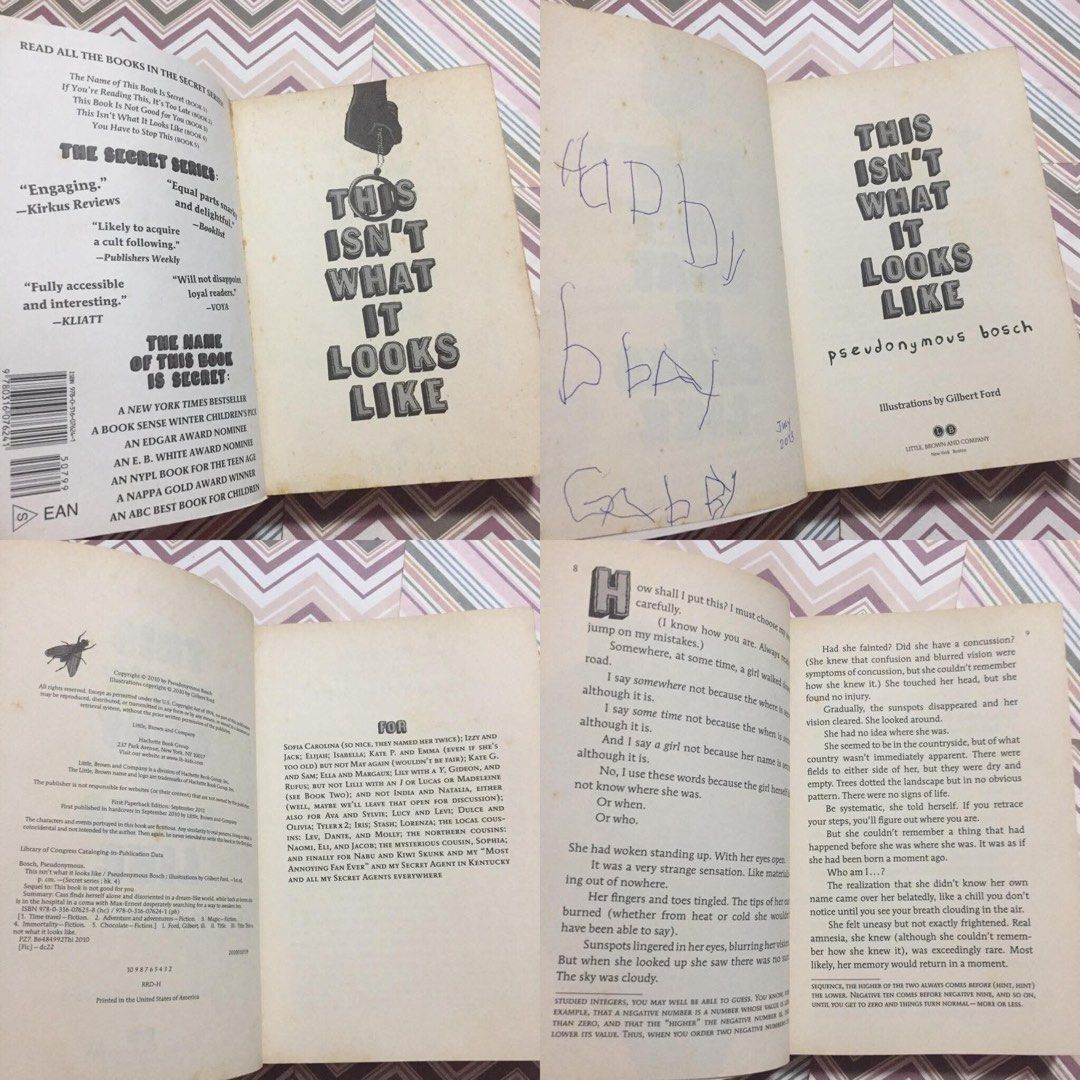 The Secret Series Book Bundle (Category: Children's Books) located in Pasig City. Submitted by sell.phi (Listing ID 1468946124, Image 3). Description: The Secret Series Book Bundle Get 5 books for P650 By Pseudonymous Bosch Preloved trade paperbacks with foxing/brown spots tanned inside covers, pages, and edges 1) Book 1: The Name Of This Book Is Secret - with creases on the covers 2) Book 2: If You’re Reading This, It’s Too Late - with minor sig
