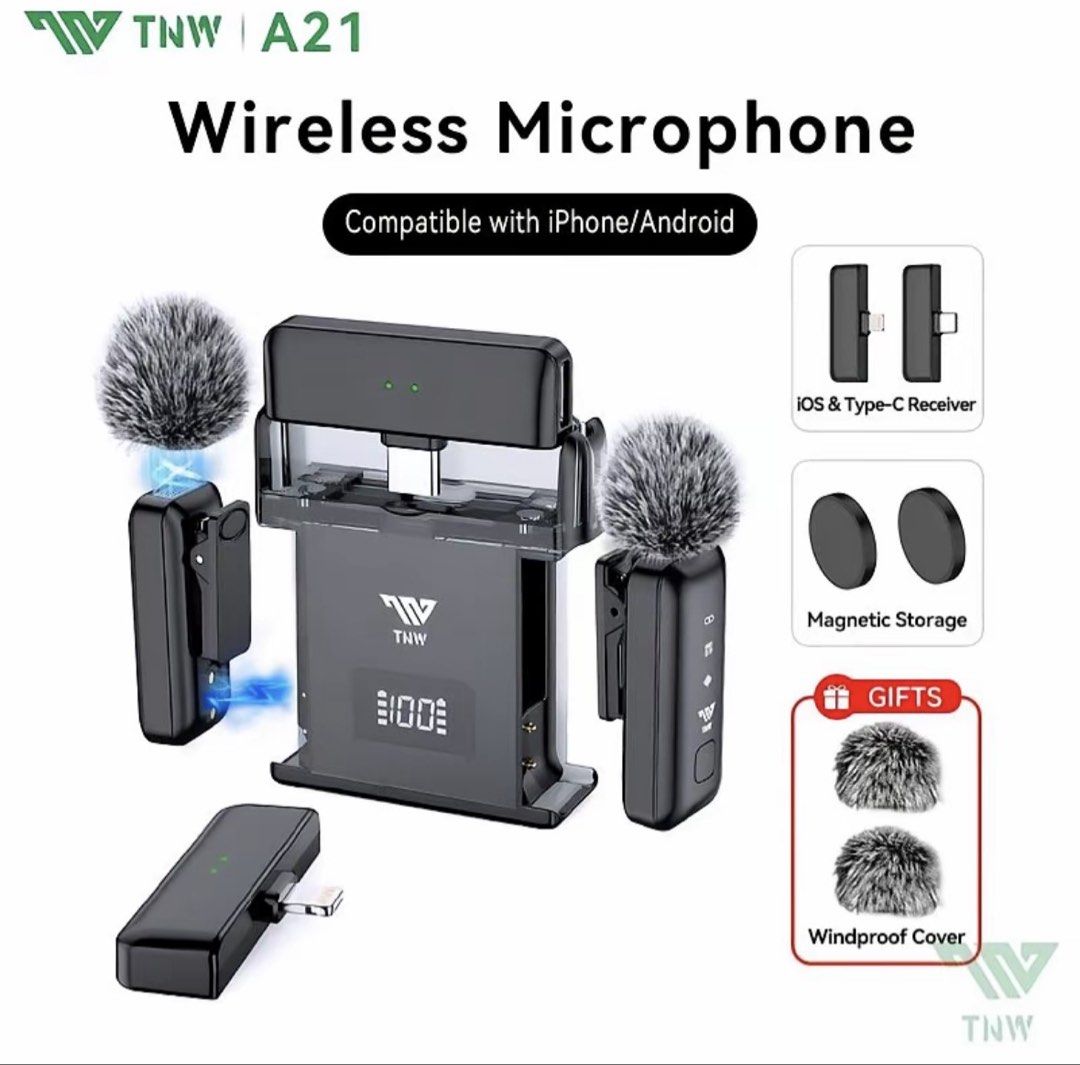 TNW A21 Wireless Microphone for iPhone and Android (Category: Microphones) located in Marikina City. Submitted by everythingisnegotiable (Listing ID 1469140257, Image 1). Description: - TNW A21 wireless mic set. - Works with iOS and Type-C devices. - Up to 50m range, 3 volume levels, and noise reduction. - Includes all items and everything is working. - Can charge your phone while using the mic. - Bought from TNW shop on TT and is no longer being