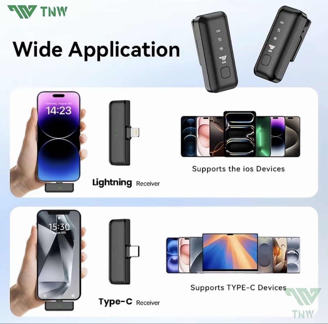 TNW A21 Wireless Microphone for iPhone and Android (Category: Microphones) located in Marikina City. Submitted by everythingisnegotiable (Listing ID 1469140257, Image 2). Description: - TNW A21 wireless mic set. - Works with iOS and Type-C devices. - Up to 50m range, 3 volume levels, and noise reduction. - Includes all items and everything is working. - Can charge your phone while using the mic. - Bought from TNW shop on TT and is no longer being