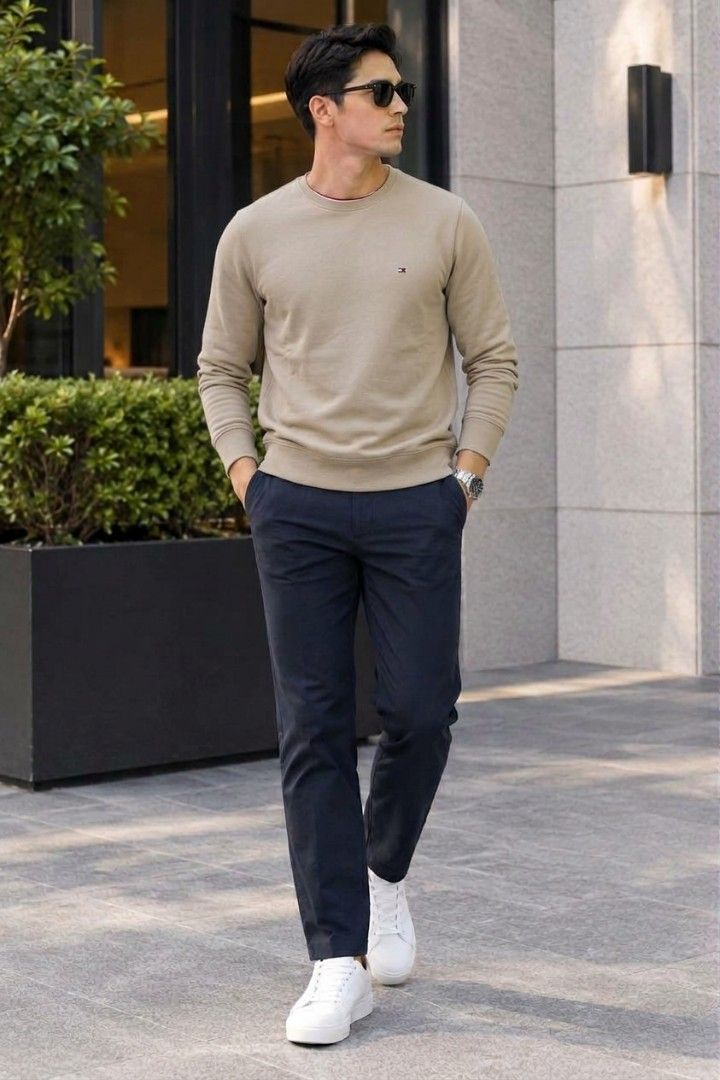 Tommy Hilfiger Beige Sweatshirt Size L (Category: Coats, Jackets and Outerwear) located in Manila. Submitted by purefire-477a (Listing ID 1469078022, Image 2). Description: Tommy Hilfiger crewneck sweatshirt in a clean beige colorway. Size large tag attached at the inner collar with signature red, white, and blue taping. Small embroidered flag logo on the left chest. Ribbed cuffs, hem, and collar keep their shape well. Soft cotton blend material.