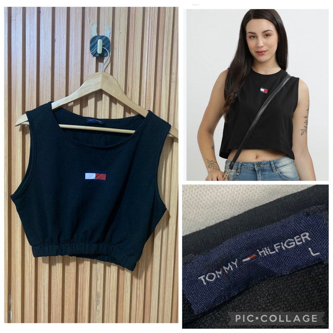 Tommy Hilfiger Black Crop Top Size L (Category: Shirts) located in Koronadal. Submitted by girlish1105 (Listing ID 1469155656, Image 1). Description: - Brand: Tommy Hilfiger - Color: Black - Size: L (Tag included) - Style: Sleeveless crop top with elastic waist - Details: Small embroidered flag logo on the front center - Material: Soft, breathable cotton (great for PH weather) - Condition: Clean and ready to wear.
