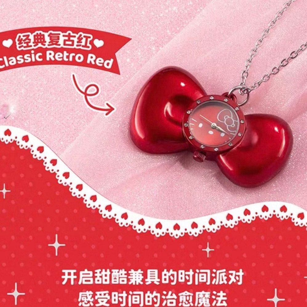 TOP TOY Hello Kitty Bow Necklace Watch (Category: Women's Watches) located in Manila. Submitted by janetecson05 (Listing ID 1468977670, Image 3). Description: - Official Sanrio Kitty themed necklace watch by TOP TOY - Adorable bow-shaped design with a fully functional built-in watch face - Includes a matching silver-toned chain - Available in multiple stylish colors: Classic Red, Vintage Pink, Leopard Print, Houndstooth, White, Black, Silver, and