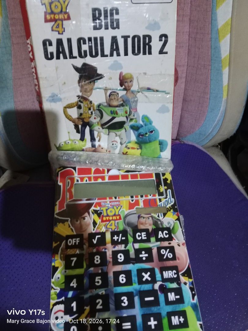 Toy Story 4 Big Calculator 2 (Category: Educational & Learning Toys) located in Muntinlupa City. Submitted by periwinklefairy23 (Listing ID 1469061918, Image 2). Description: - Authentic Toy Story 4 themed large desktop calculator - Features a colorful character design with Woody, Buzz, and friends - Big, easy-to-press black buttons with clear white numbers - Fully functional for school work, office use, or desk decor - Fun and collectible piece 
