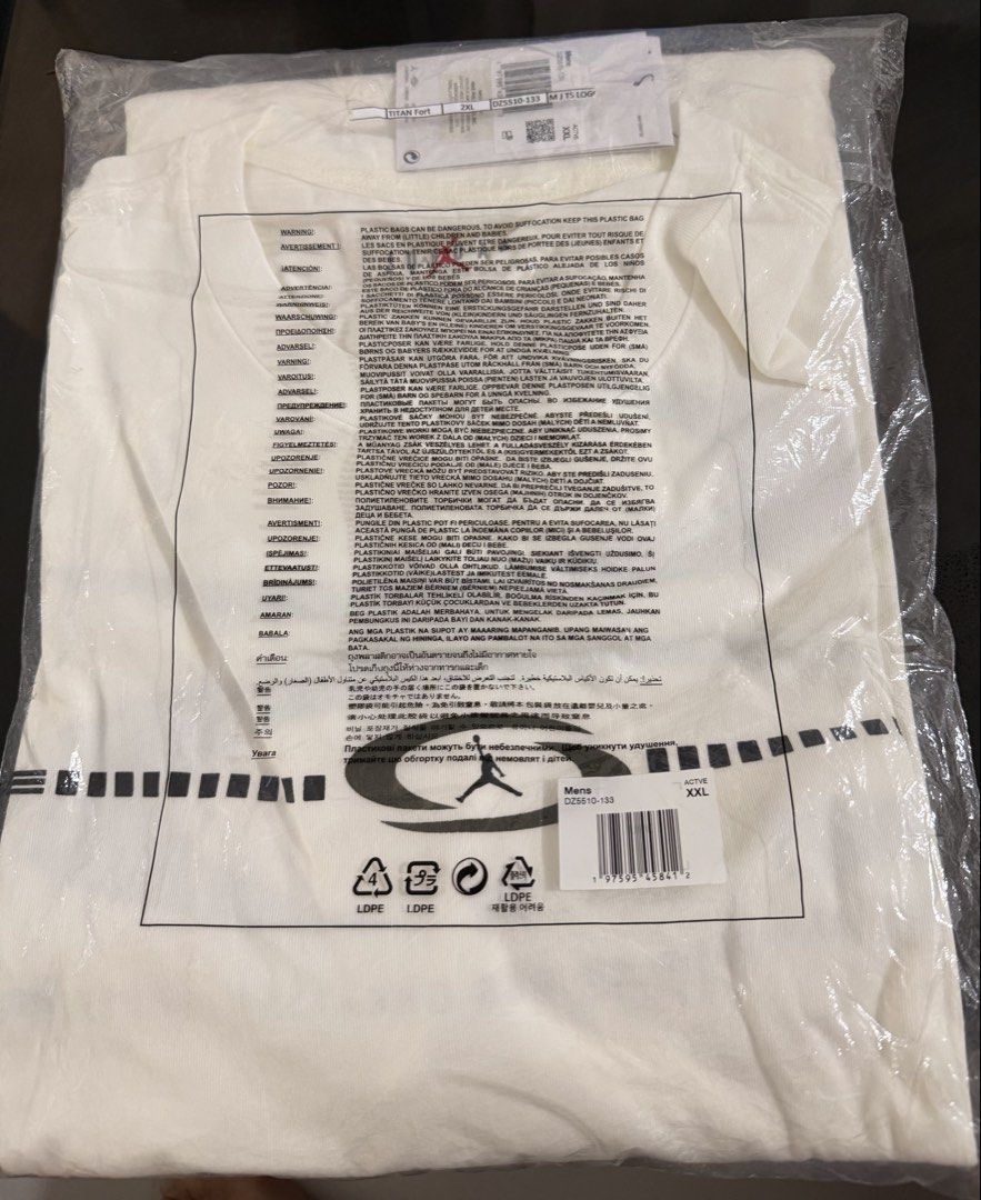 Travis Scott Jordan Sail White Size XXL (Category: Tshirts & Polo Shirts ) located in Pasig City. Submitted by philzyper (Listing ID 1468974827, Image 1). Description: - Brand: Jordan - Color: White - Size: Men's XXL - Model Code: DZ5510-133 - Condition: Brand new, still sealed in original plastic packaging with barcode and tags attached - Style: Classic streetwear piece.