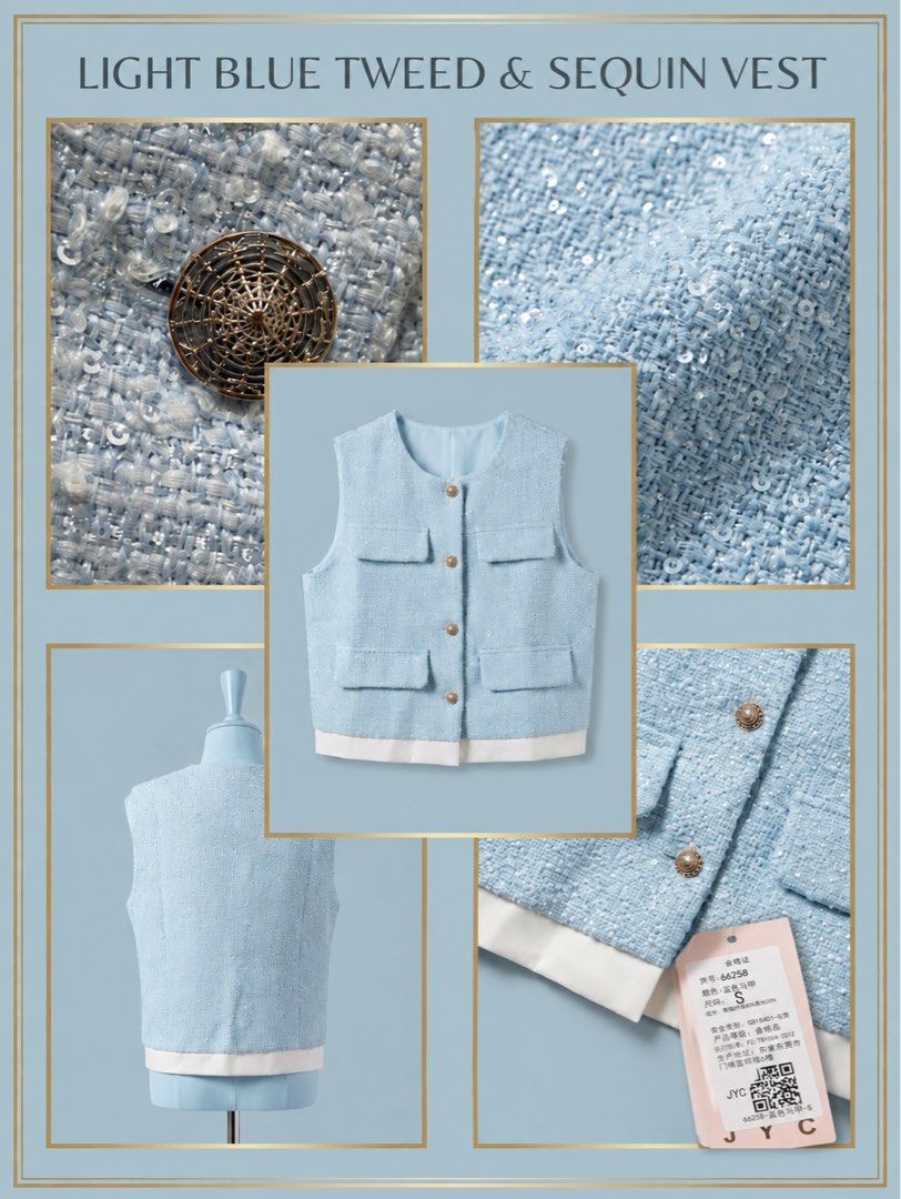 TWEED VEST (Category: Sleeveless) located in Manila. Submitted by nagets1001 (Listing ID 1469089300, Image 1). Description: - Style: Light blue tweed vest covered in all-over tiny sequins - Size: S (Brand new with tag attached) - Details: Round neckline, four front flap pockets, and ornate metal buttons - Design: Elegant white contrast hem lining and fully lined interior - Condition: Brand new, perfect for dressing up any outfit Can fit small to 