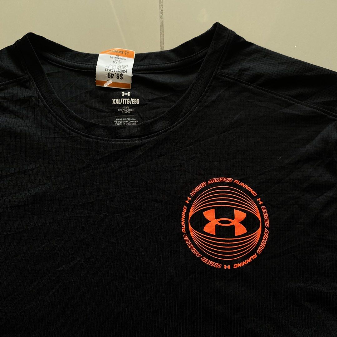 Under Armour Speed Stride Spot T-Shirt (Category: Activewear) located in Cabuyao City. Submitted by stuffwarsph (Listing ID 1469114878, Image 3). Description: 2XL on tag Width 24.5 Length 31 Bnew condition No issues May reflective logo sa back ₱550.