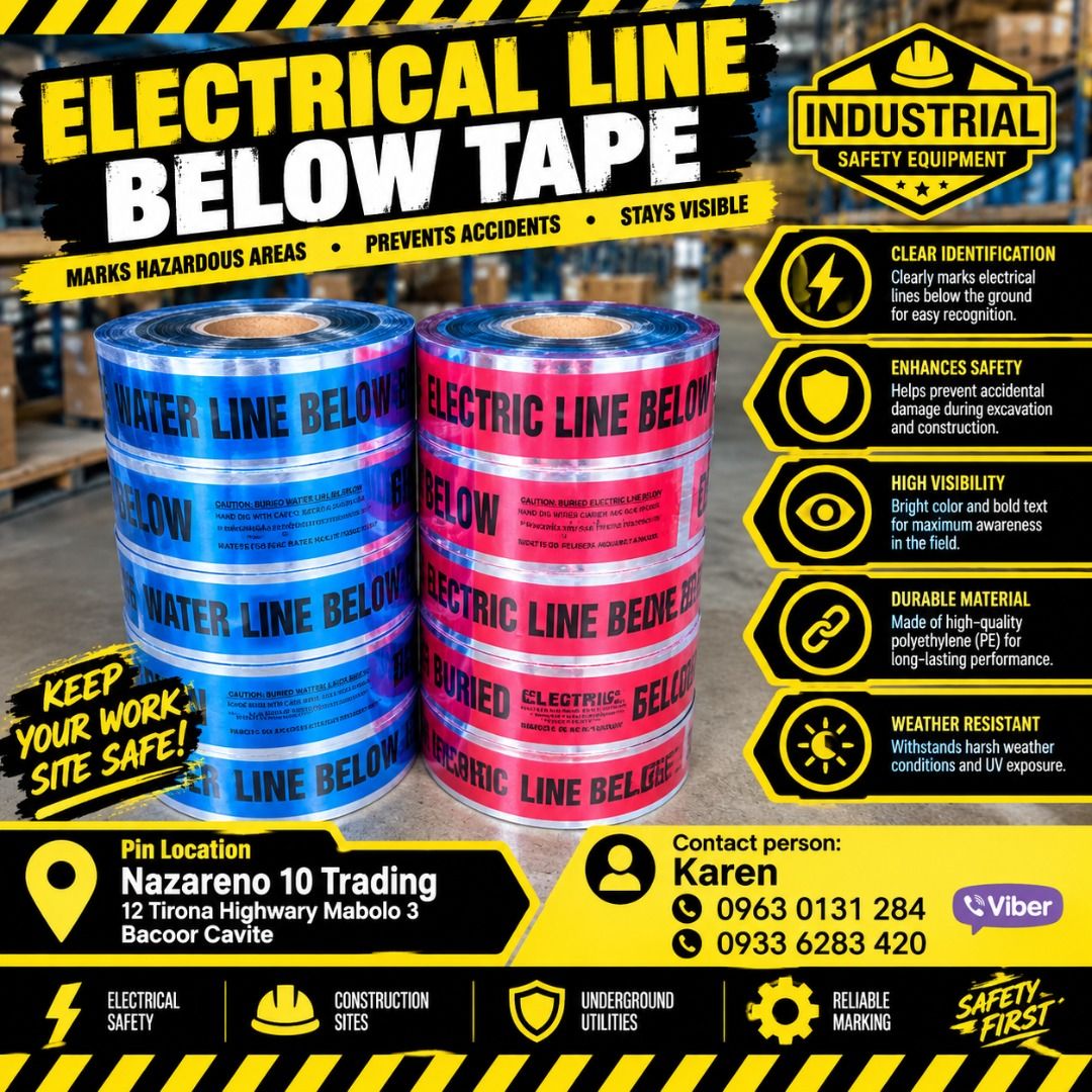 Under Ground Tape (Category: Looking For) located in Bacoor. Submitted by kajezame.2021 (Listing ID 1469007224, Image 1). Description: Under Ground Tape For More Details and Discount Contact Ms. Karen NAZARENO 10 TRADING 0963 0131 284 0933 6283 420 0956 7028 557 0933 8559 510 Landline: Look for Ms. Karen (046 ) 416 3920 Also available: • Traffic cone • SCBA • Hooded trash bin • Road Plastic Barrier • Spill boom • Fishing buoy • Spill Kit • Stanch