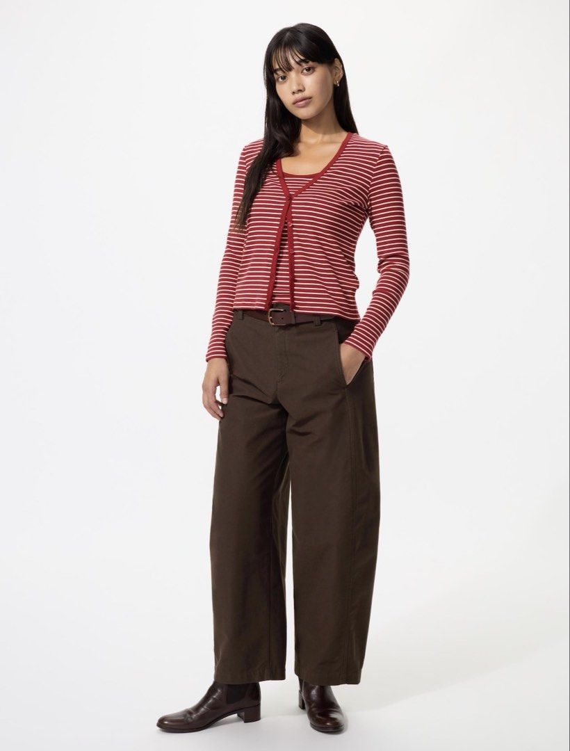 Uniqlo Jersey Barrel Pants (Category: Other Bottoms) located in Pasig City. Submitted by jijithepusa (Listing ID 1469158359, Image 1). Description: - Color: Dark brown - Fit: Mid-rise, relaxed wide-leg cut with straight hems - Fabric: Structured material that holds its clean shape - Styling: Pairs effortlessly with tees, sweaters, and button-downs - Condition: Recently bought, selling to clear out wardrobe space.