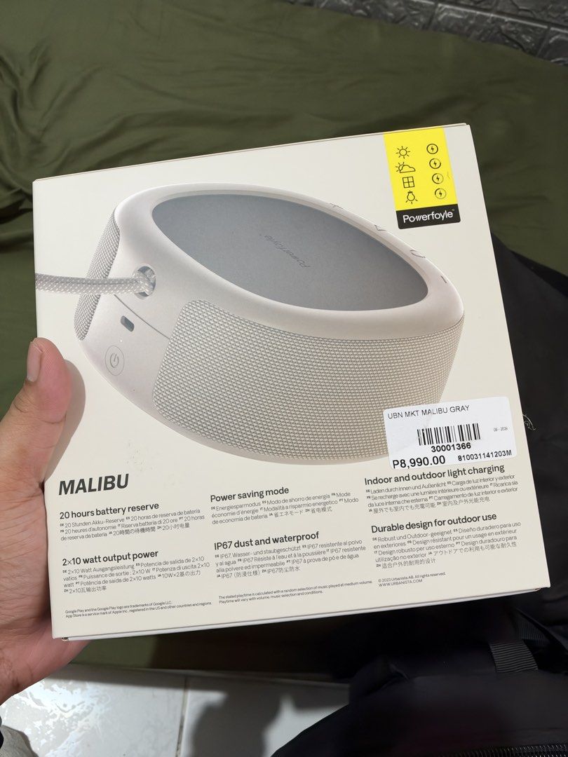 Urbanista Malibu Solar Charging Speaker (Category: Soundbars, Speakers & Amplifiers) located in Quezon City. Submitted by eychpi (Listing ID 1468976719, Image 2). Description: Urbanista Malibu Solar Charging Speaker (Gray) - Solar Power: Continuously charges using indoor and outdoor light - Battery Life: Up to 20 hours of reserve power - Audio: Powerful 2x10 watt output - Durability: IP67 dust and waterproof build - Ideal for: Outdoor adventures,