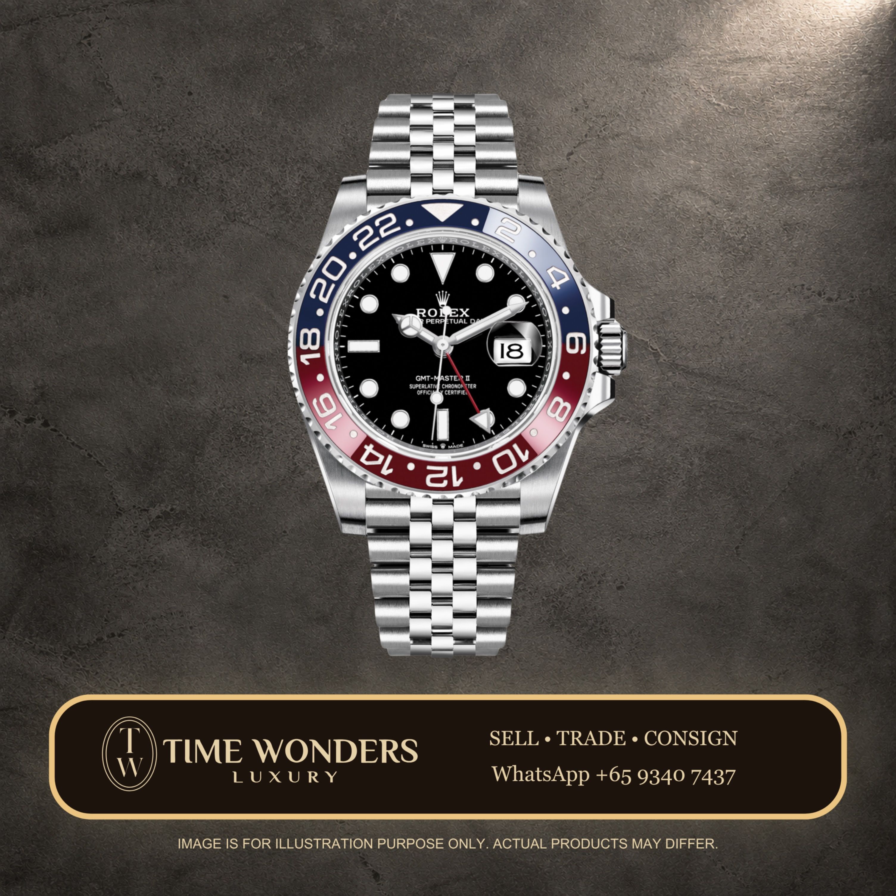 Used June 2019 Rolex GMT-Master II Pepsi Jubilee 126710BLRO 126710 (Category: Watches) located in Singapore. Submitted by timewondersluxury (Listing ID 1424761644, Image 1). Description: Brand: Rolex Model: 126710BLRO Condition: Used Dial: Black Case Diameter: 40mm Movement : Automatic Material: Stainless Steel Bracelet: Stainless Steel Original Box: Yes Original Cert/Papers: Yes Dated: June 2019 Warranty: 1 YEAR WARRANTY BY TIME WONDERS LUXURY. 