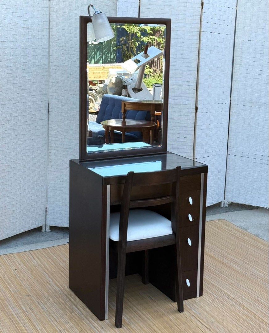Vanity Dresser / Vanity Mirror (Category: Tables & Sets) located in Manila. Submitted by elliefurnies31 (Listing ID 1469125480, Image 2). Description: JAPAN SURPLUS VANITY DRESSER WITH CHAIR IN GOOD CONDITION SIZE: 29H x 24.5L x 16W inches 30 mirror height 17.5H x 15L x 14.5W inches.