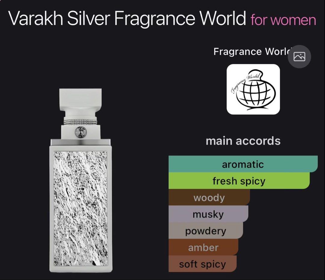 Varakh Silver Fragrance World (Category: Fragrance & Deodorants) located in Quezon City. Submitted by brave_dowayne (Listing ID 1469127570, Image 1). Description: - Brand: Fragrance World - Product: Varakh Silver Perfume - Condition: 100% brand new, unopened, and factory sealed - Fragrance Profile: Complex and captivating - Main Accords: Aromatic, fresh spicy, woody, musky, powdery, amber, and soft spicy - Ideal for: Fragrance lovers who enjoy ri