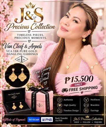 VCA 18K Pure Gold Dangling Earrings (Category: Earrings) located in Paranaque City. Submitted by juanstopshop23 (Listing ID 1469050368, Image 1). Description: - Brand: Van Cleef & Arpels (VCA) - Material: 18K Pure Gold - Design: Iconic textured gold Alhambra motif dangling earrings - Inclusions: Branded black presentation box and pink ribbon gift box - Shipping: FREE shipping included - Payment: GCash or PNB bank transfer.
