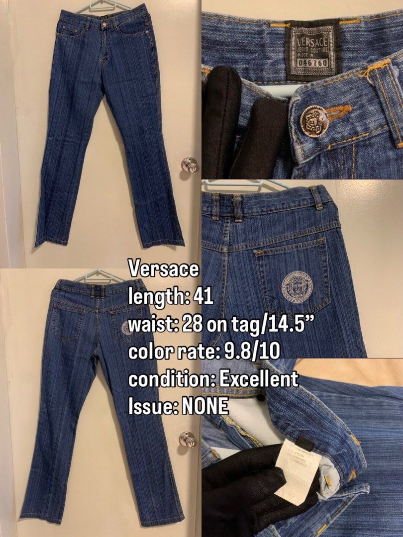 Versace Jeans Couture Denim Pants Size 28 (Category: Jeans) located in Manila. Submitted by paulbrayan37775 (Listing ID 1469101519, Image 1). Description: - Brand: Versace Jeans Couture - Style: Blue denim pants with subtle vertical stripes - Size: Tag size 28 (Actual waist: 14.5" across, Total length: 41") - Details: Branded metal hardware, leather waistband patch, and iconic embroidered Medusa logo patch on the back pocket - Condition: Excellen
