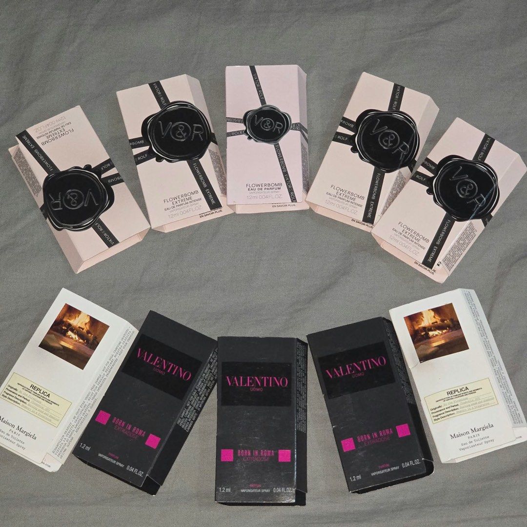 Viktor&Rolf, Valentino, and Maison Margiela Perfume Samples (Category: Fragrance & Deodorants) located in Manila. Submitted by cheesetinefinds (Listing ID 1469046282, Image 1). Description: 100 each 80 if 10pcs+ - Bundle of popular designer fragrance samples - Includes: Viktor&Rolf Flowerbomb Extreme & EDP, Valentino Born in Roma Extradose, and Maison Margiela Replica - Size: 1.2ml / 0.04 fl oz per vial - Comes in original packaging boxes - Ideal