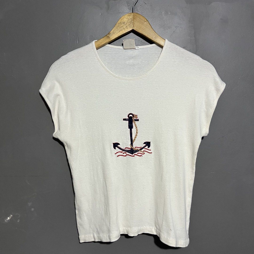 Vintage Famos Anchor Embroidered (Category: Shirts) located in Calauan. Submitted by randomthrift.womens (Listing ID 1468960425, Image 1). Description: stains small on tag, fits large.